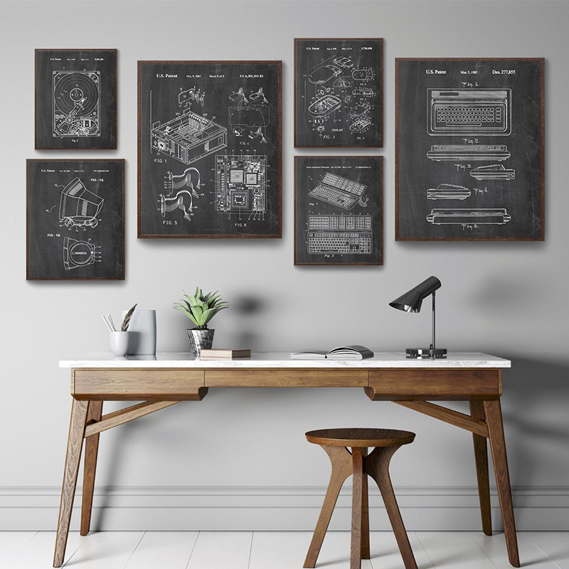 Office Tech Room - 6 Adet Vintage Bilgisayar Patent Duvar