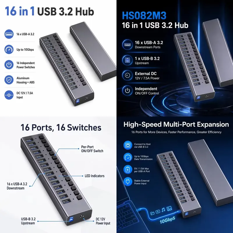 Multi Port Usb Hub - AP01 16 Bağlantı Noktalı Güçlendirilmiş USB